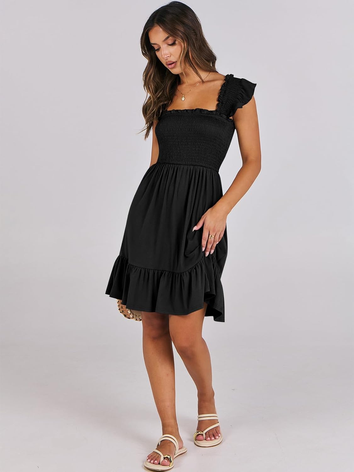 ANRABESS Women's Summer Casual Sleeveless Square Neck Dress 2026 Smocked Ruffle Backless Boho Beach Cute Teen Short Sundress