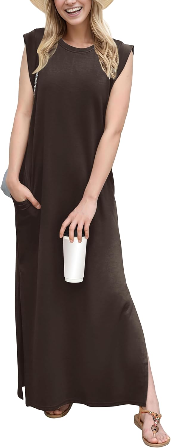 GRECERELLE 2026 Women Year-Round Casual Round Neck Loose Split Wrinkle-Free Long Maxi Vacation Dress with Pockets (XXS-4XL)