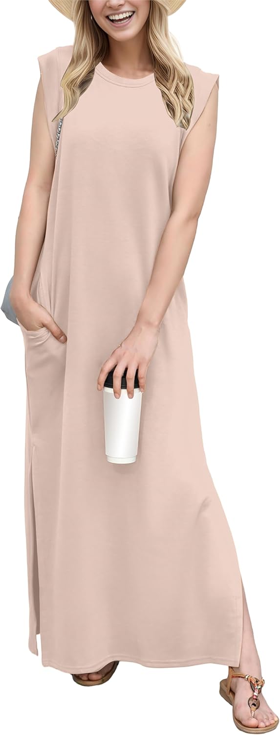 GRECERELLE 2026 Women Year-Round Casual Round Neck Loose Split Wrinkle-Free Long Maxi Vacation Dress with Pockets (XXS-4XL)