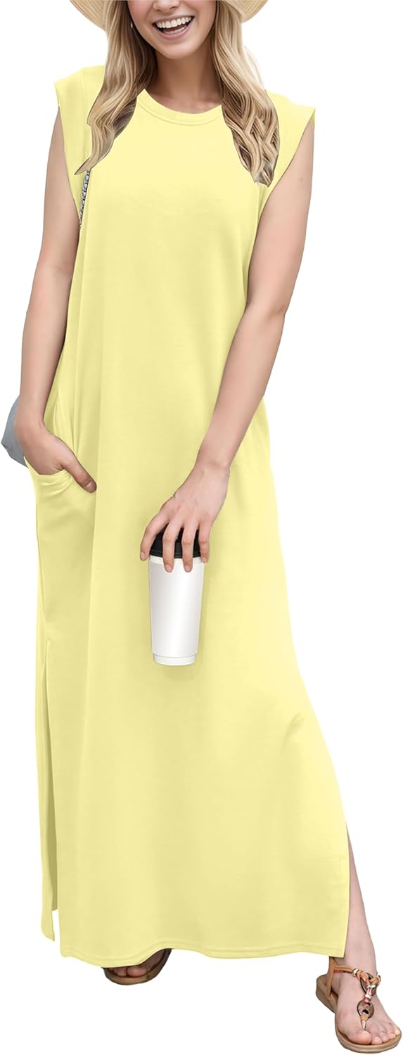 GRECERELLE 2026 Women Year-Round Casual Round Neck Loose Split Wrinkle-Free Long Maxi Vacation Dress with Pockets (XXS-4XL)