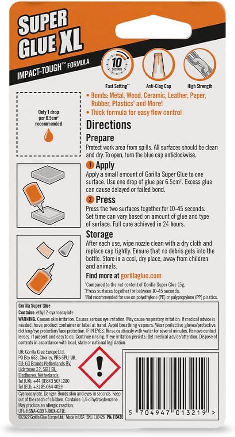 Gorilla Super Glue, 15g – All Purpose, Impact Tough & Fast Setting with Anti-Clog Cap Ideal for Metal, Ceramics, Leather & More