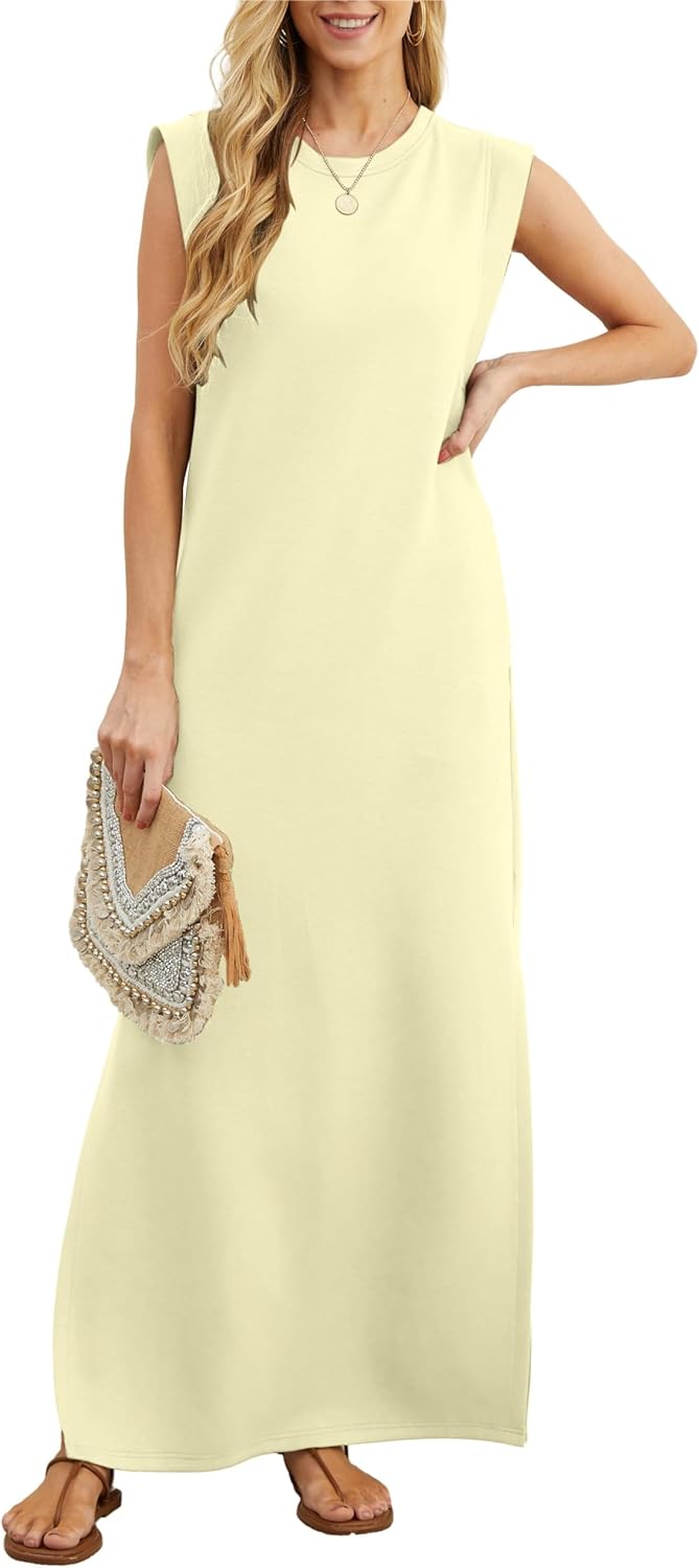 GRECERELLE 2026 Women Year-Round Casual Round Neck Loose Split Wrinkle-Free Long Maxi Vacation Dress with Pockets (XXS-4XL)