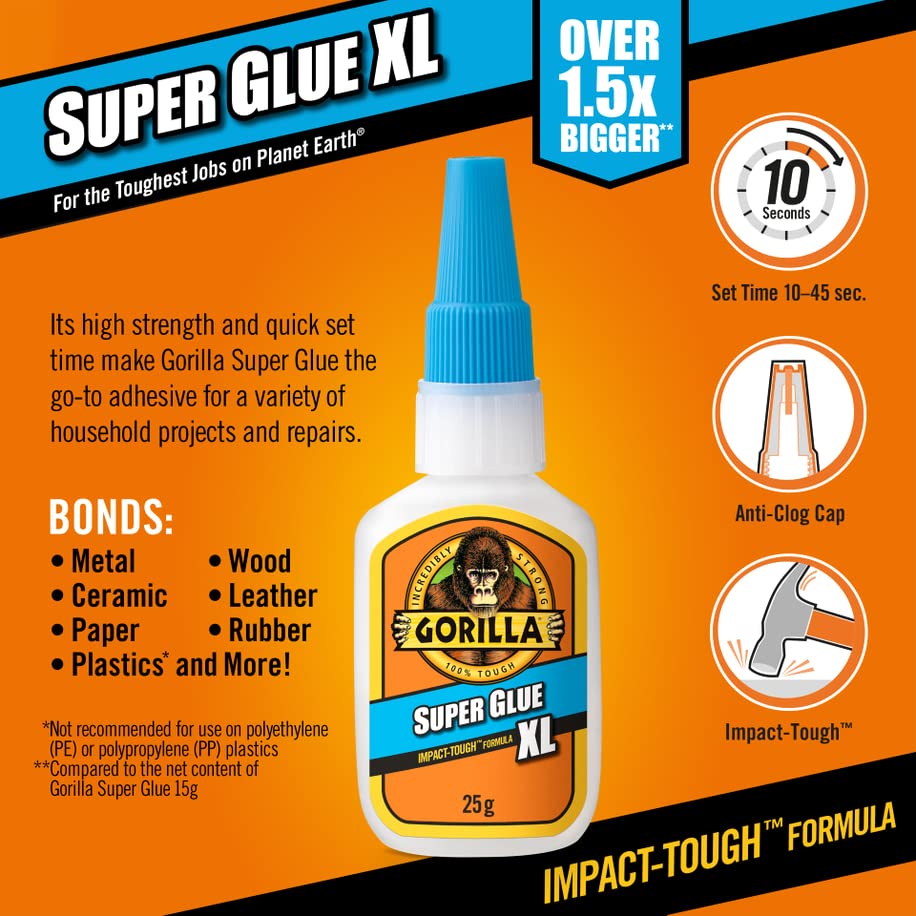 Gorilla Super Glue, 15g – All Purpose, Impact Tough & Fast Setting with Anti-Clog Cap Ideal for Metal, Ceramics, Leather & More