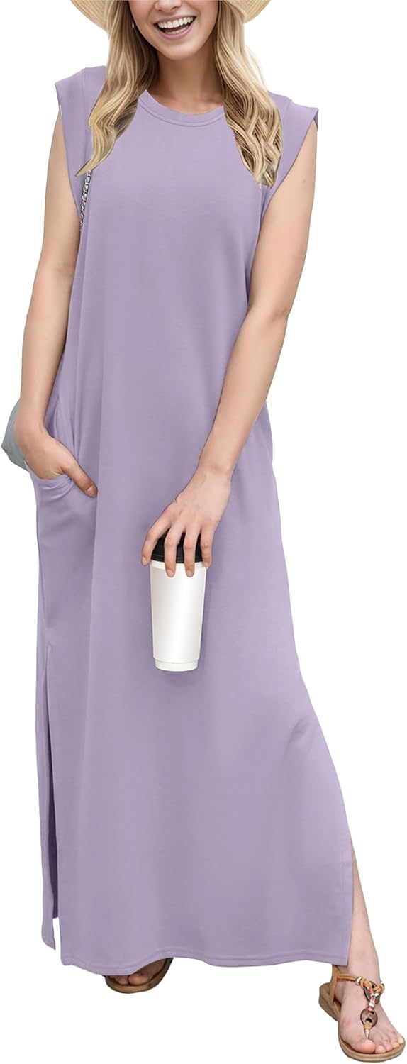 GRECERELLE 2026 Women Year-Round Casual Round Neck Loose Split Wrinkle-Free Long Maxi Vacation Dress with Pockets (XXS-4XL)