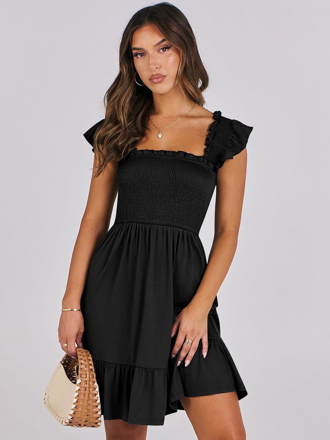 ANRABESS Women's Summer Casual Sleeveless Square Neck Dress 2026 Smocked Ruffle Backless Boho Beach Cute Teen Short Sundress