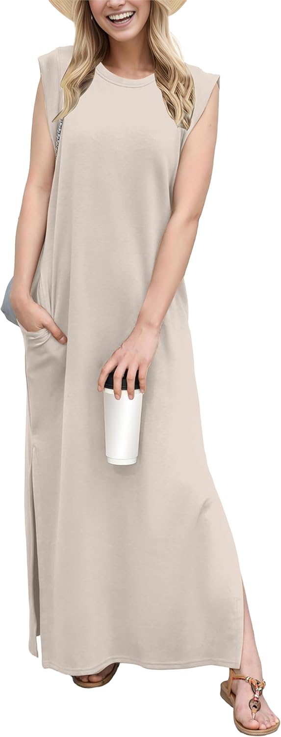 GRECERELLE 2026 Women Year-Round Casual Round Neck Loose Split Wrinkle-Free Long Maxi Vacation Dress with Pockets (XXS-4XL)