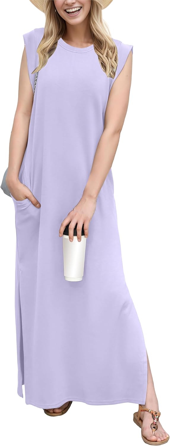 GRECERELLE 2026 Women Year-Round Casual Round Neck Loose Split Wrinkle-Free Long Maxi Vacation Dress with Pockets (XXS-4XL)