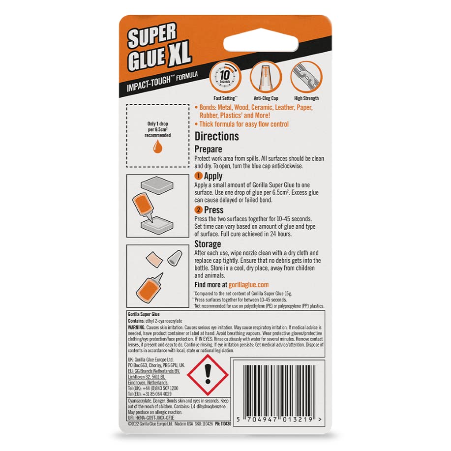 Gorilla Super Glue, 15g – All Purpose, Impact Tough & Fast Setting with Anti-Clog Cap Ideal for Metal, Ceramics, Leather & More