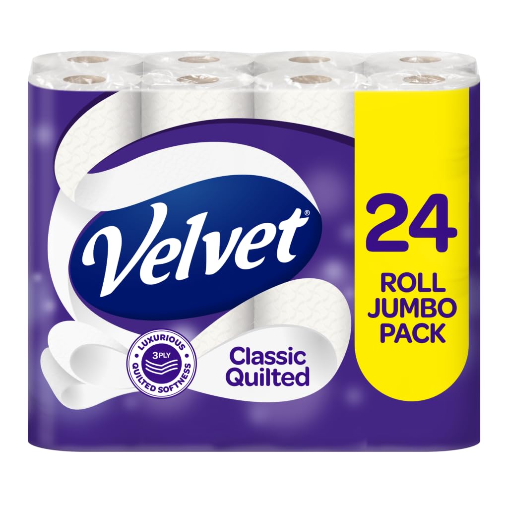 Velvet Classic Quilted Toilet Tissue 24 Rolls - Luxuriously Soft, Strong and Absorbent Toilet Roll - Jumbo Bulk Pack 24 Rolls - 3-ply - White