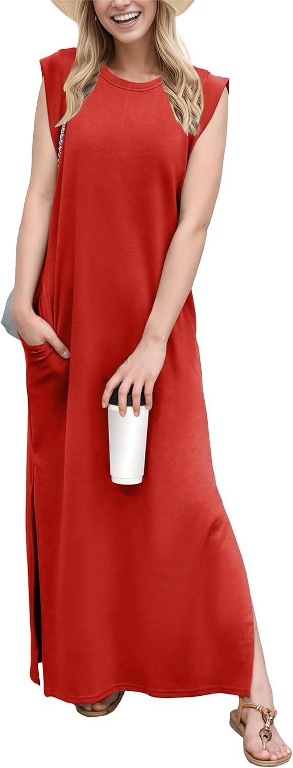 GRECERELLE 2026 Women Year-Round Casual Round Neck Loose Split Wrinkle-Free Long Maxi Vacation Dress with Pockets (XXS-4XL)