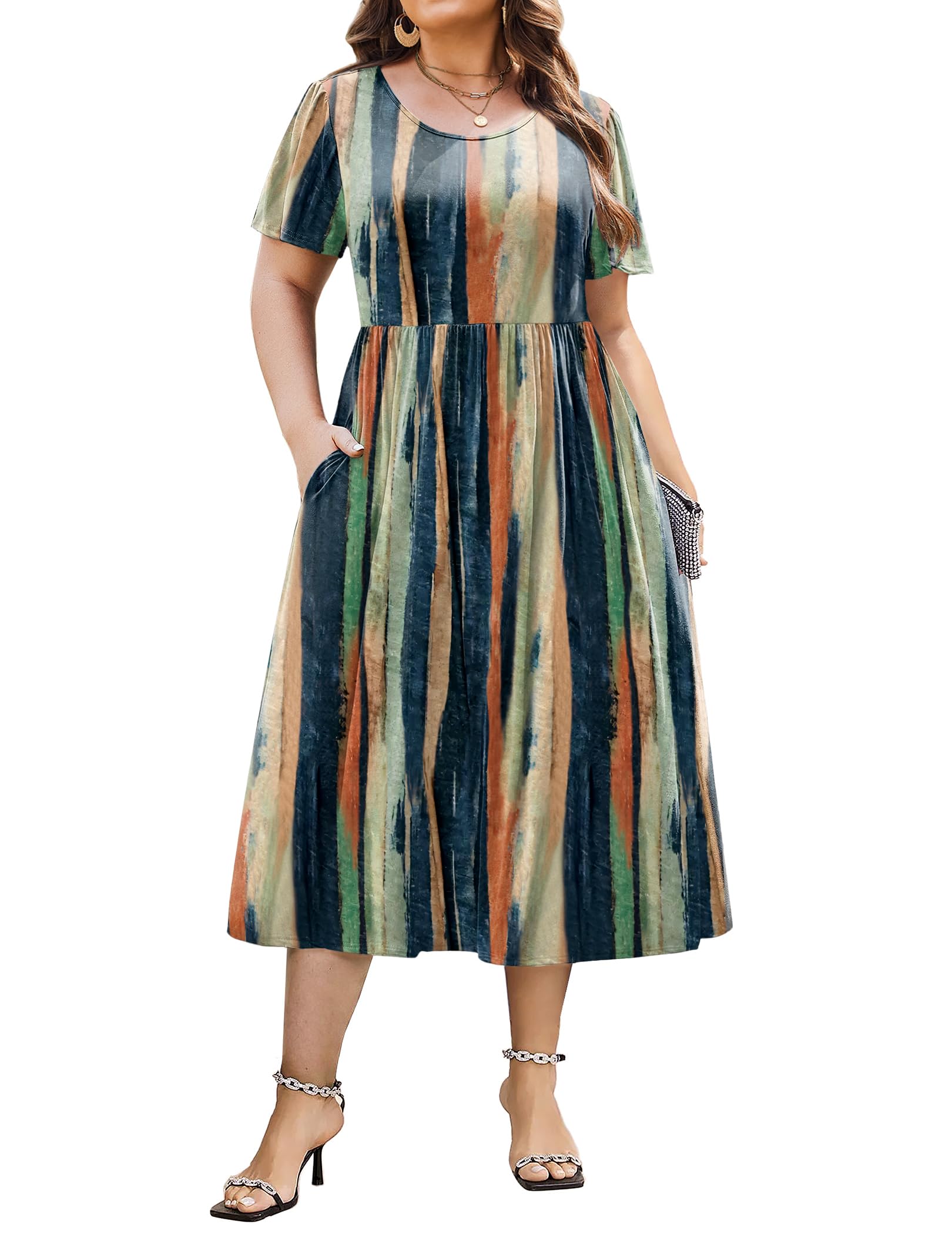 IN'VOLAND Women Plus Size Short Sleeve Dress Loose Summer Casual A-Line Flowy Midi Dresses with Pockets