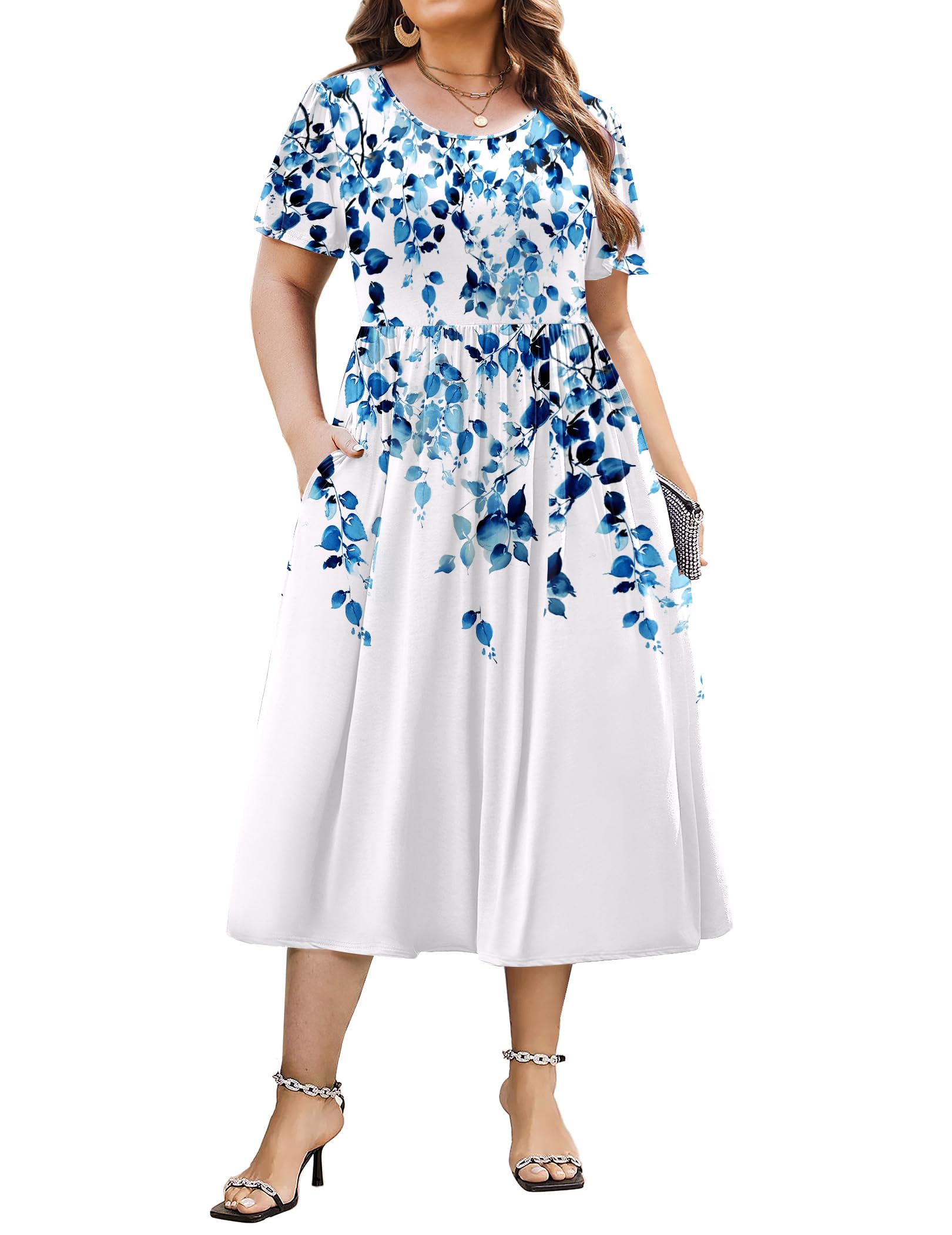 IN'VOLAND Women Plus Size Short Sleeve Dress Loose Summer Casual A-Line Flowy Midi Dresses with Pockets