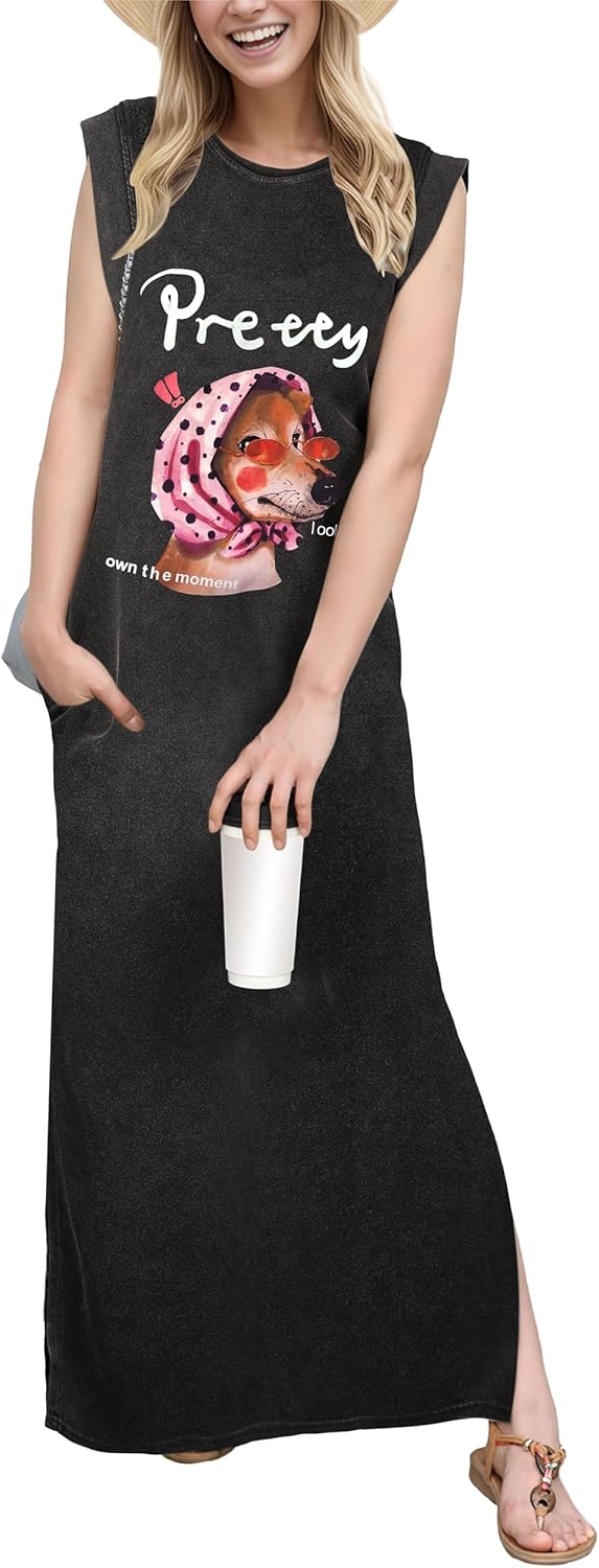 GRECERELLE 2026 Women Year-Round Casual Round Neck Loose Split Wrinkle-Free Long Maxi Vacation Dress with Pockets (XXS-4XL)