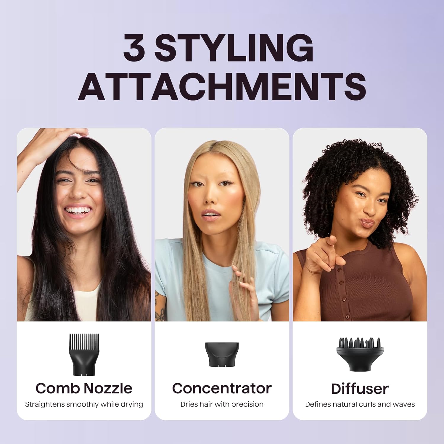 Wavytalk Hair Dryer with Diffuser, Blown Away Ionic Hair Dryer for Curly Hair with Comb, 1875W Fast Drying Blow Dryer with Ceramic Technology, 3 Attachments for All Hair Types, Light and Quiet, Black