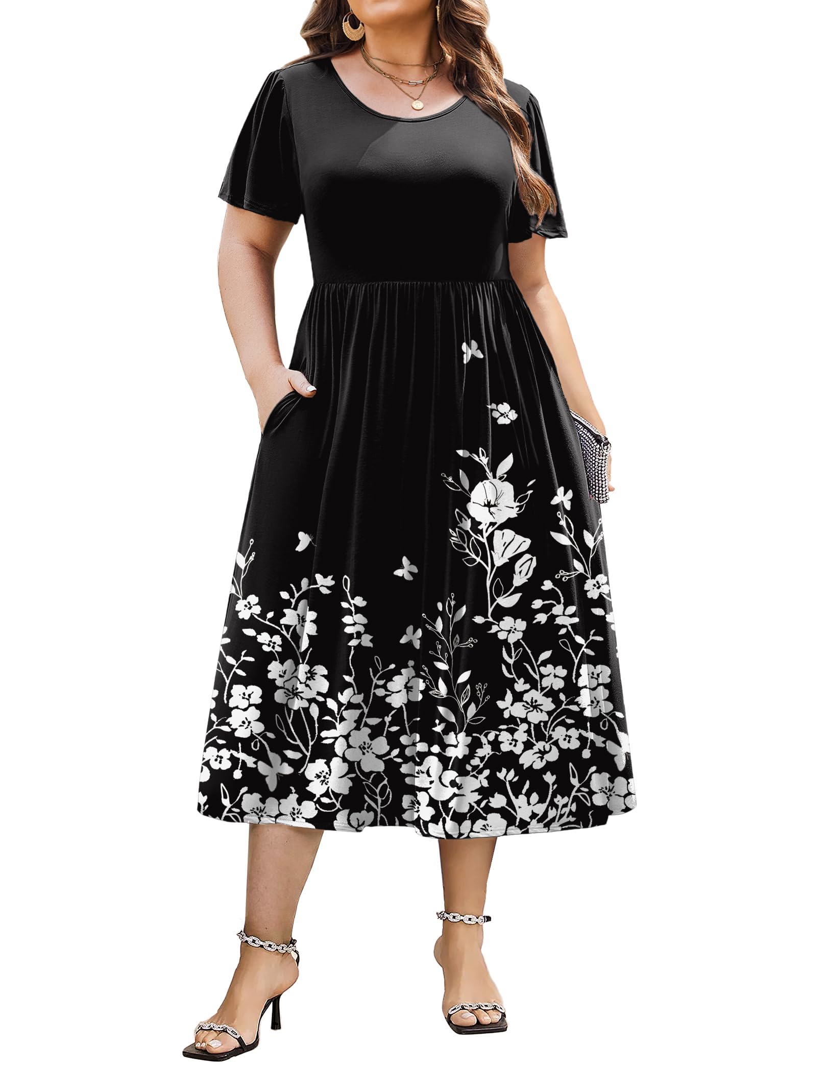 IN'VOLAND Women Plus Size Short Sleeve Dress Loose Summer Casual A-Line Flowy Midi Dresses with Pockets