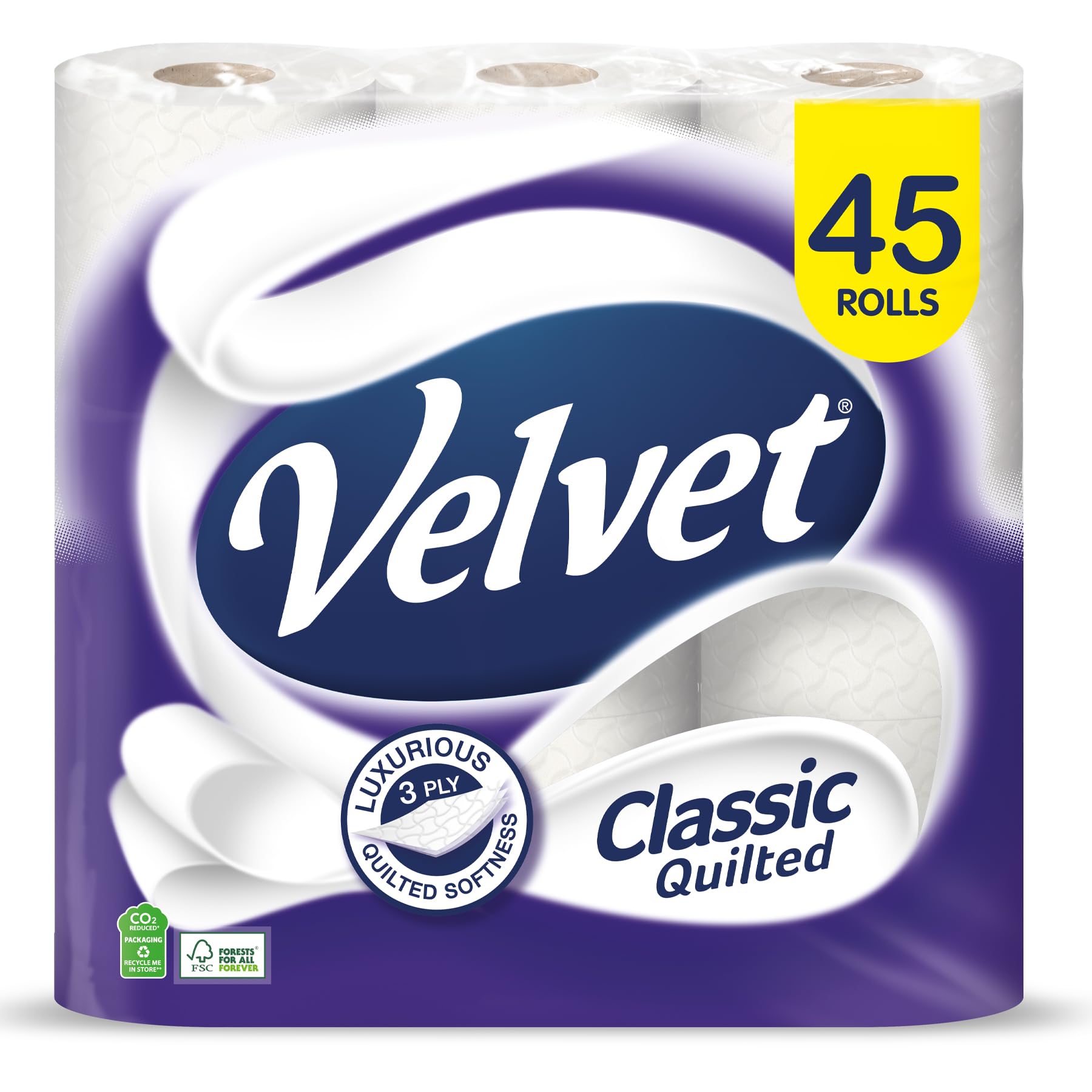 Velvet Classic Quilted Toilet Tissue 24 Rolls - Luxuriously Soft, Strong and Absorbent Toilet Roll - Jumbo Bulk Pack 24 Rolls - 3-ply - White