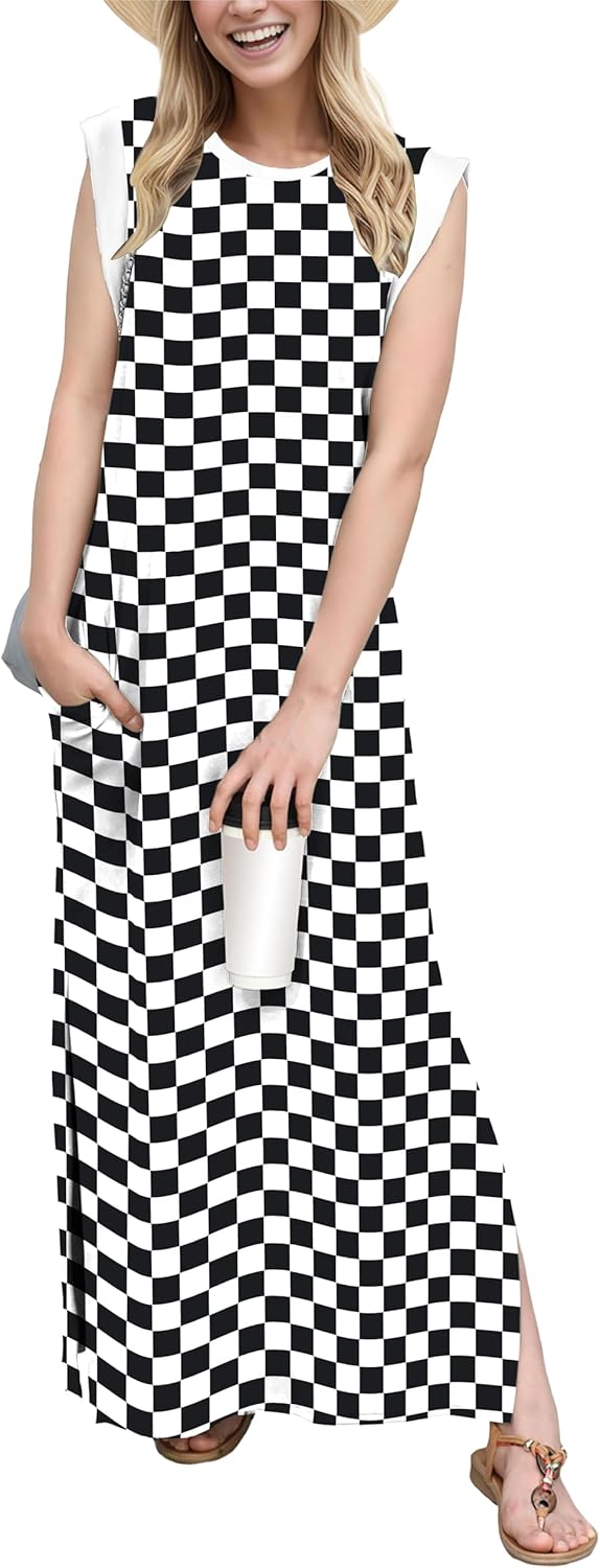 GRECERELLE 2026 Women Year-Round Casual Round Neck Loose Split Wrinkle-Free Long Maxi Vacation Dress with Pockets (XXS-4XL)