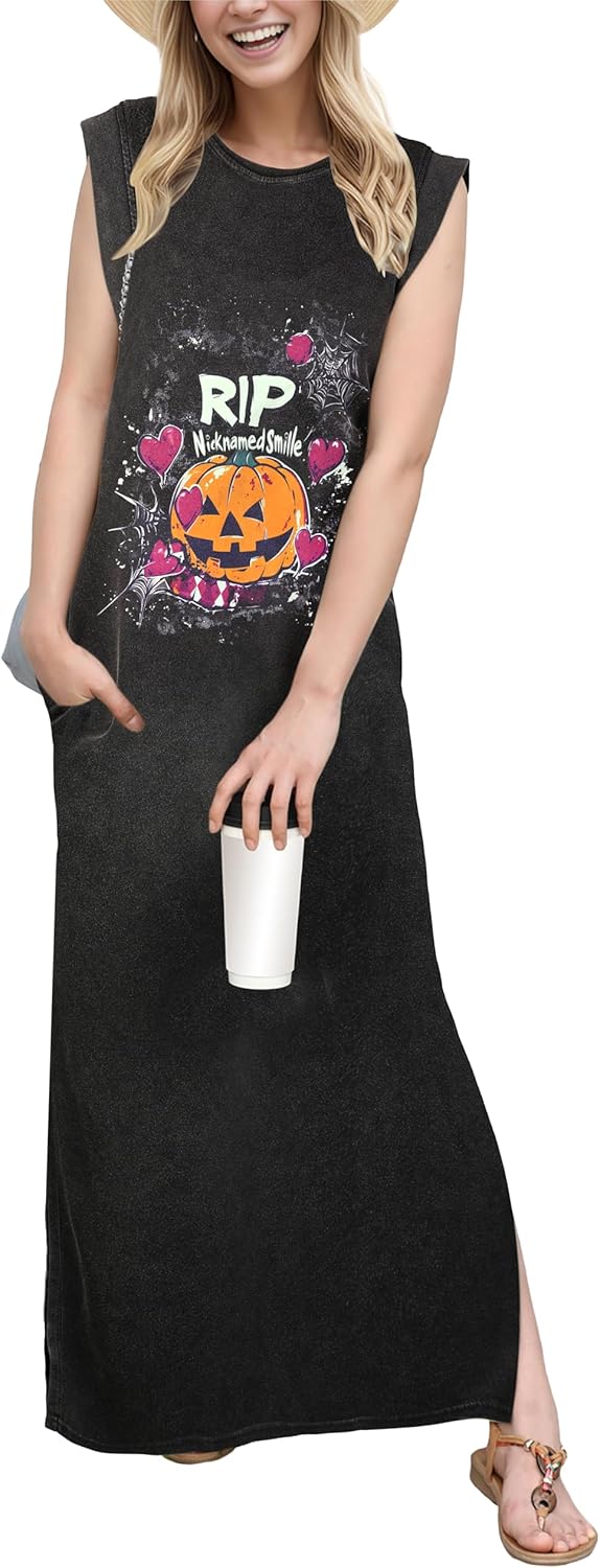 GRECERELLE 2026 Women Year-Round Casual Round Neck Loose Split Wrinkle-Free Long Maxi Vacation Dress with Pockets (XXS-4XL)