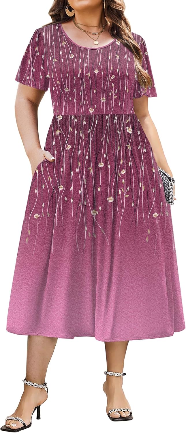 IN'VOLAND Women Plus Size Short Sleeve Dress Loose Summer Casual A-Line Flowy Midi Dresses with Pockets