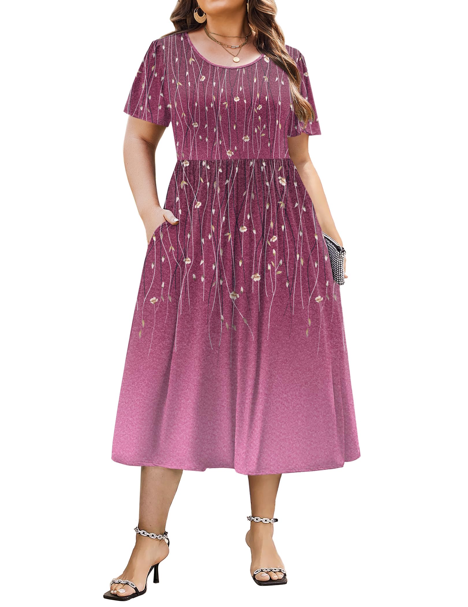IN'VOLAND Women Plus Size Short Sleeve Dress Loose Summer Casual A-Line Flowy Midi Dresses with Pockets
