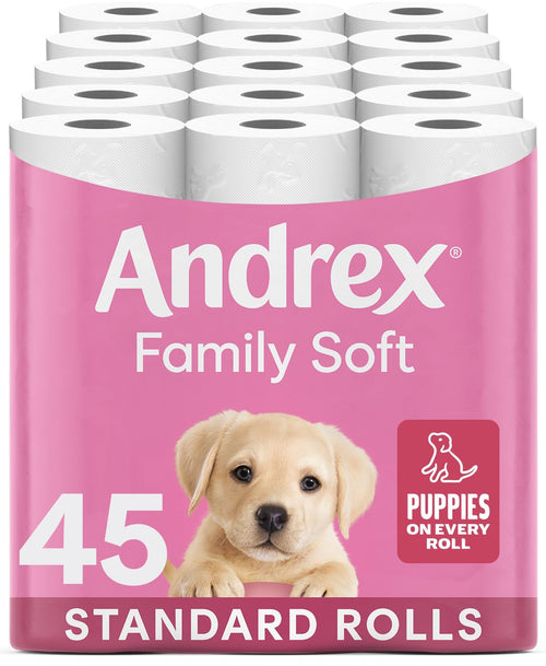 Andrex Family Soft Toilet Tissue 45 Rolls (Previously Andrex Gentle Clean) Gentle on your Family’s skin– Bulk Pack of 45 Toilet Rolls, FSC Certified