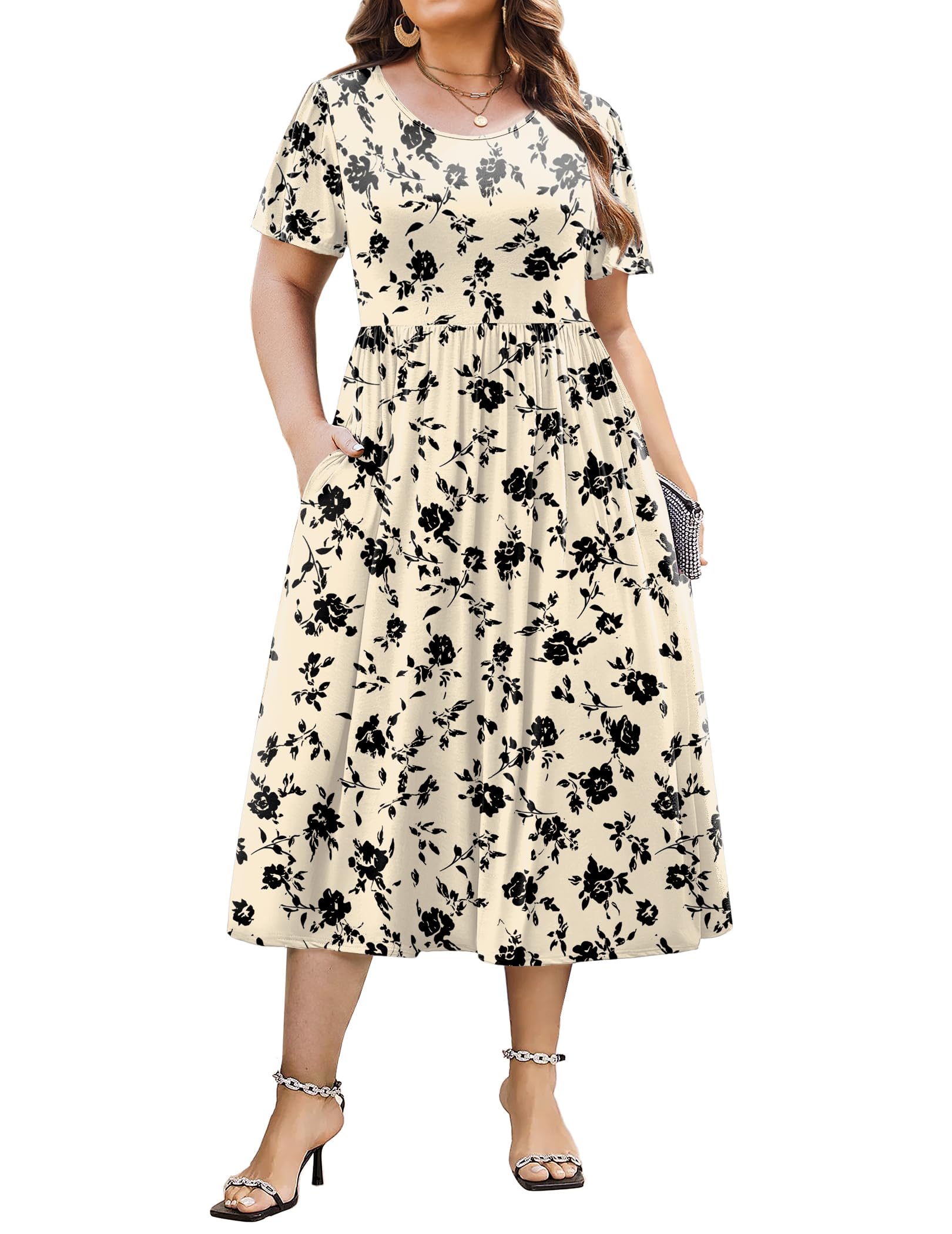 IN'VOLAND Women Plus Size Short Sleeve Dress Loose Summer Casual A-Line Flowy Midi Dresses with Pockets