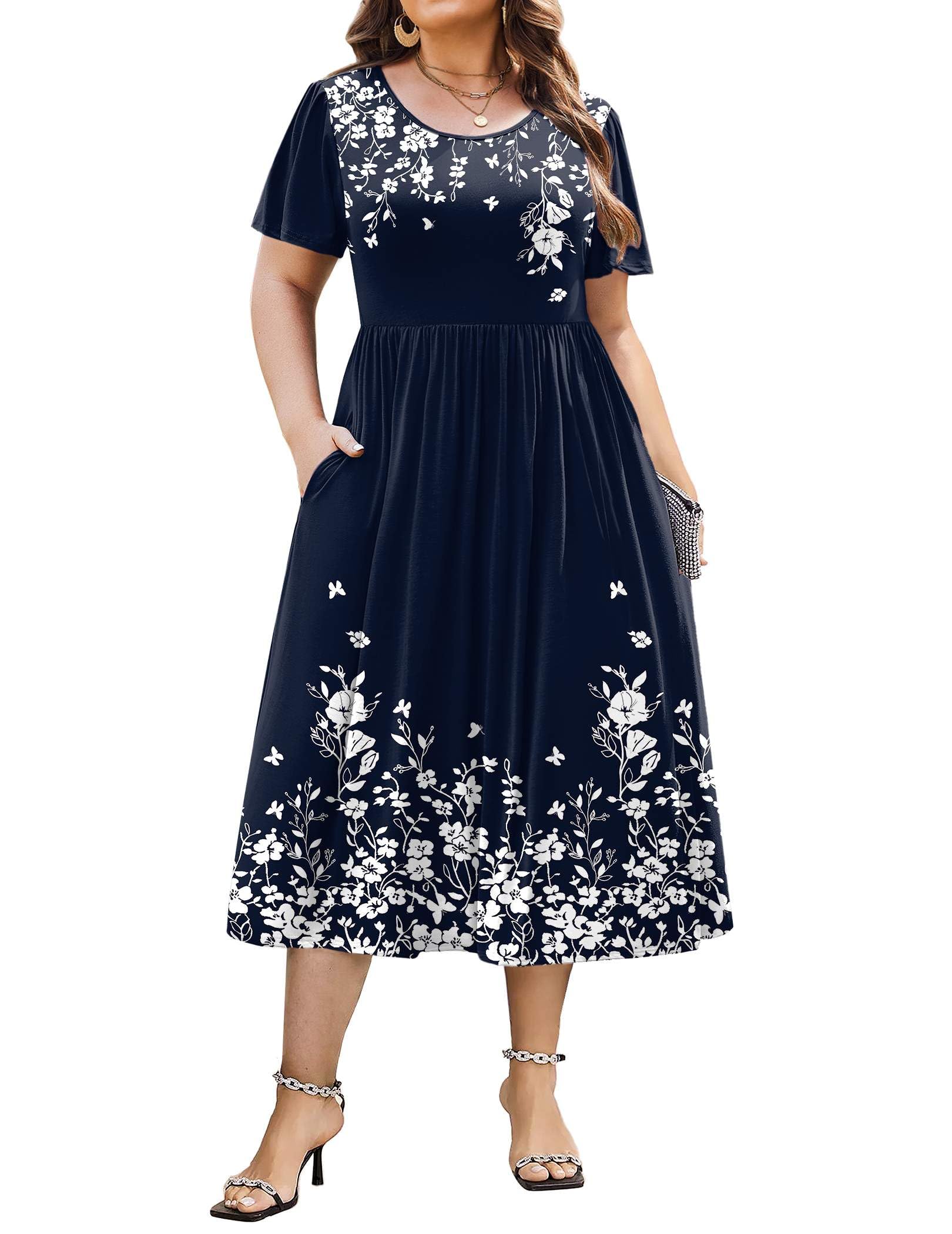 IN'VOLAND Women Plus Size Short Sleeve Dress Loose Summer Casual A-Line Flowy Midi Dresses with Pockets