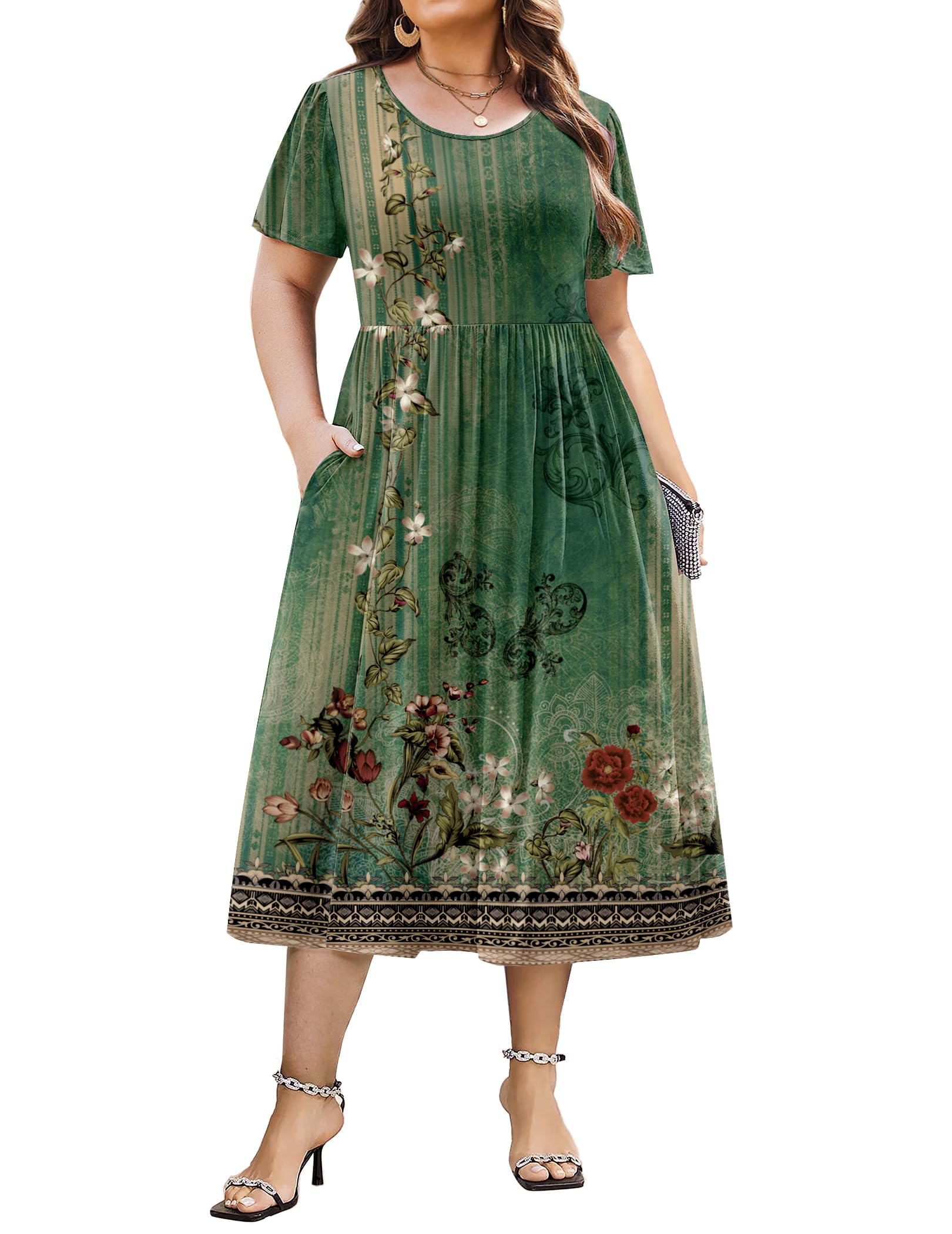 IN'VOLAND Women Plus Size Short Sleeve Dress Loose Summer Casual A-Line Flowy Midi Dresses with Pockets