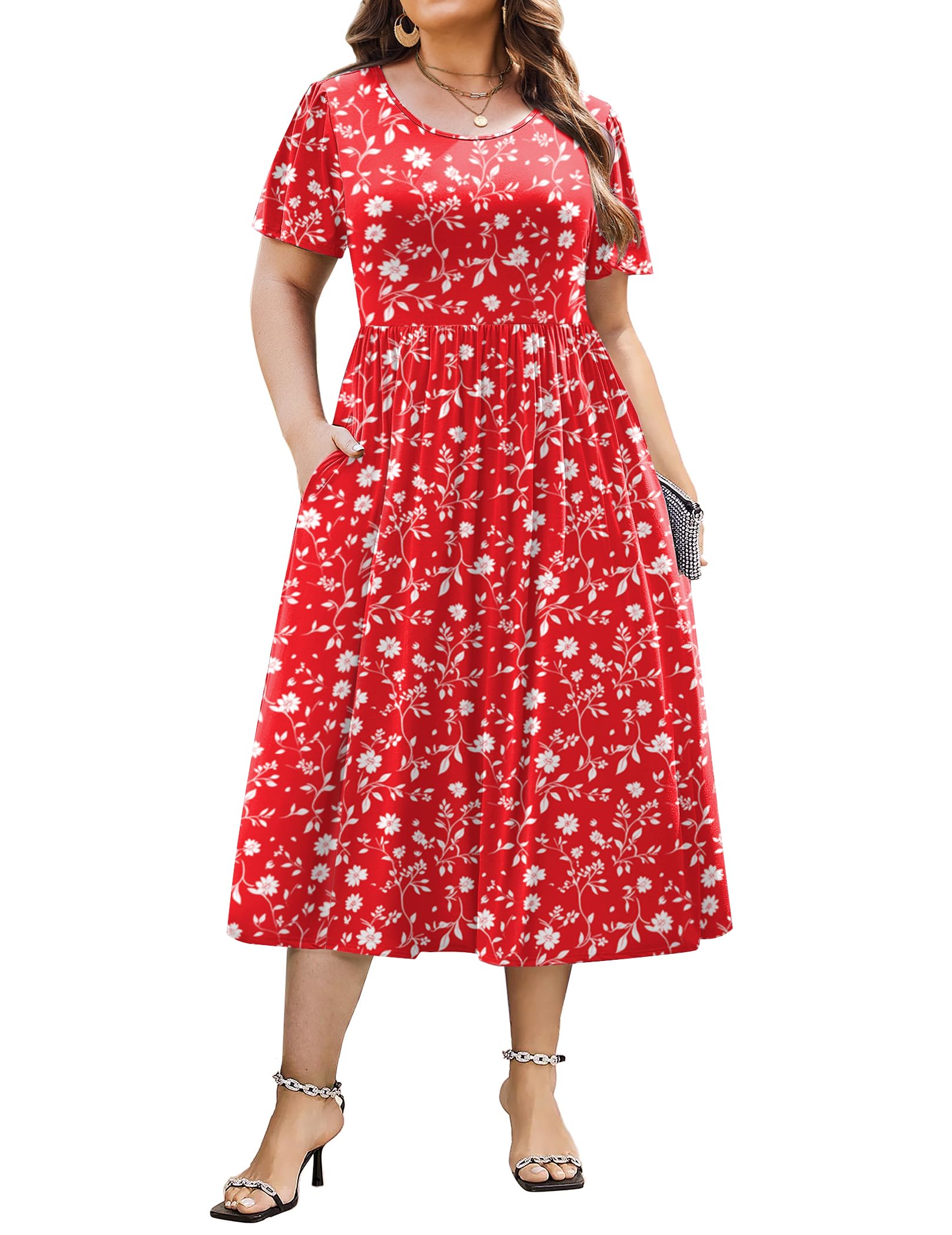 IN'VOLAND Women Plus Size Short Sleeve Dress Loose Summer Casual A-Line Flowy Midi Dresses with Pockets