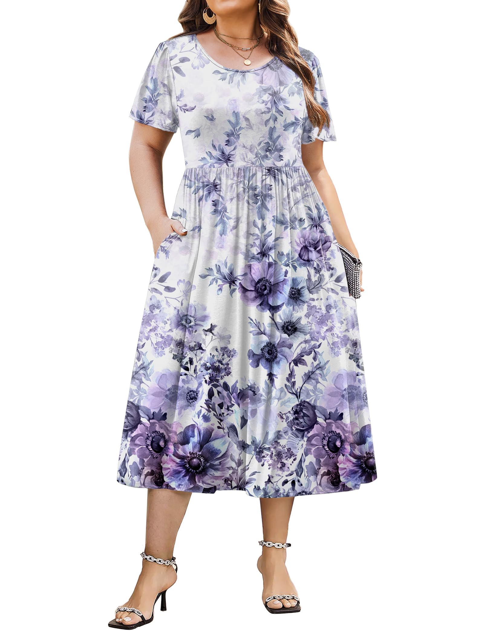 IN'VOLAND Women Plus Size Short Sleeve Dress Loose Summer Casual A-Line Flowy Midi Dresses with Pockets
