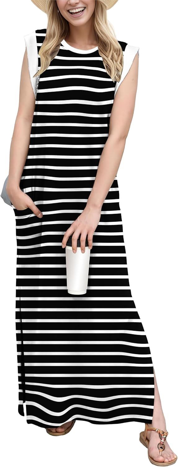 GRECERELLE 2026 Women Year-Round Casual Round Neck Loose Split Wrinkle-Free Long Maxi Vacation Dress with Pockets (XXS-4XL)