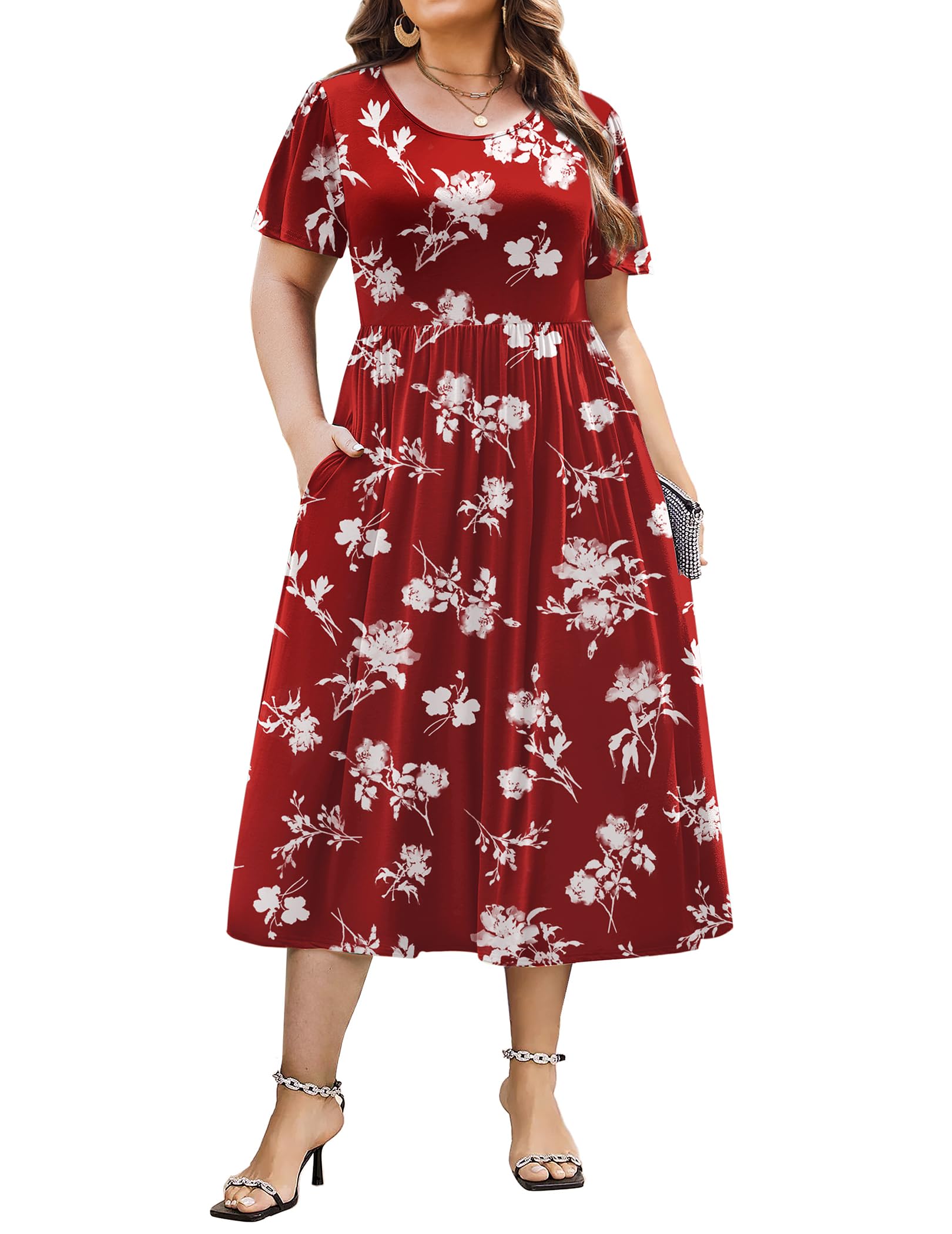 IN'VOLAND Women Plus Size Short Sleeve Dress Loose Summer Casual A-Line Flowy Midi Dresses with Pockets
