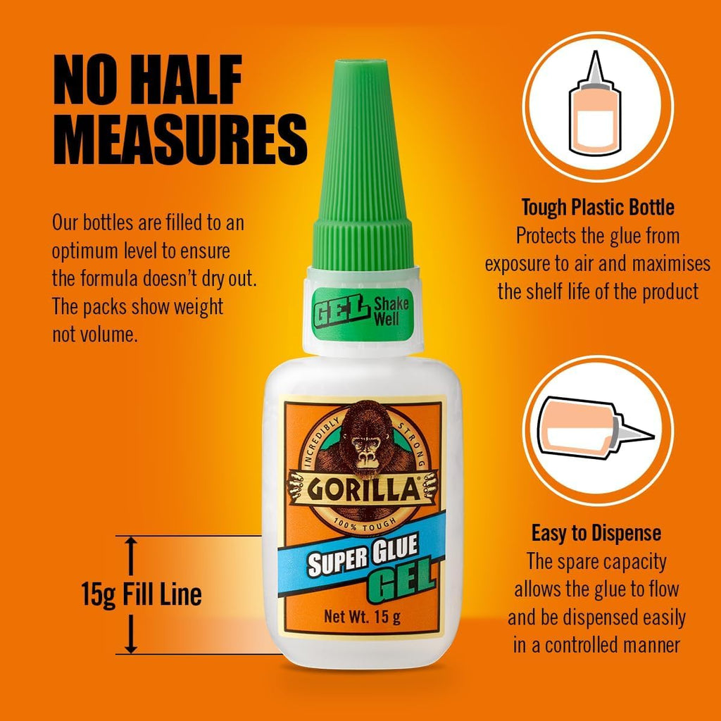 Gorilla Super Glue, 15g – All Purpose, Impact Tough & Fast Setting with Anti-Clog Cap Ideal for Metal, Ceramics, Leather & More