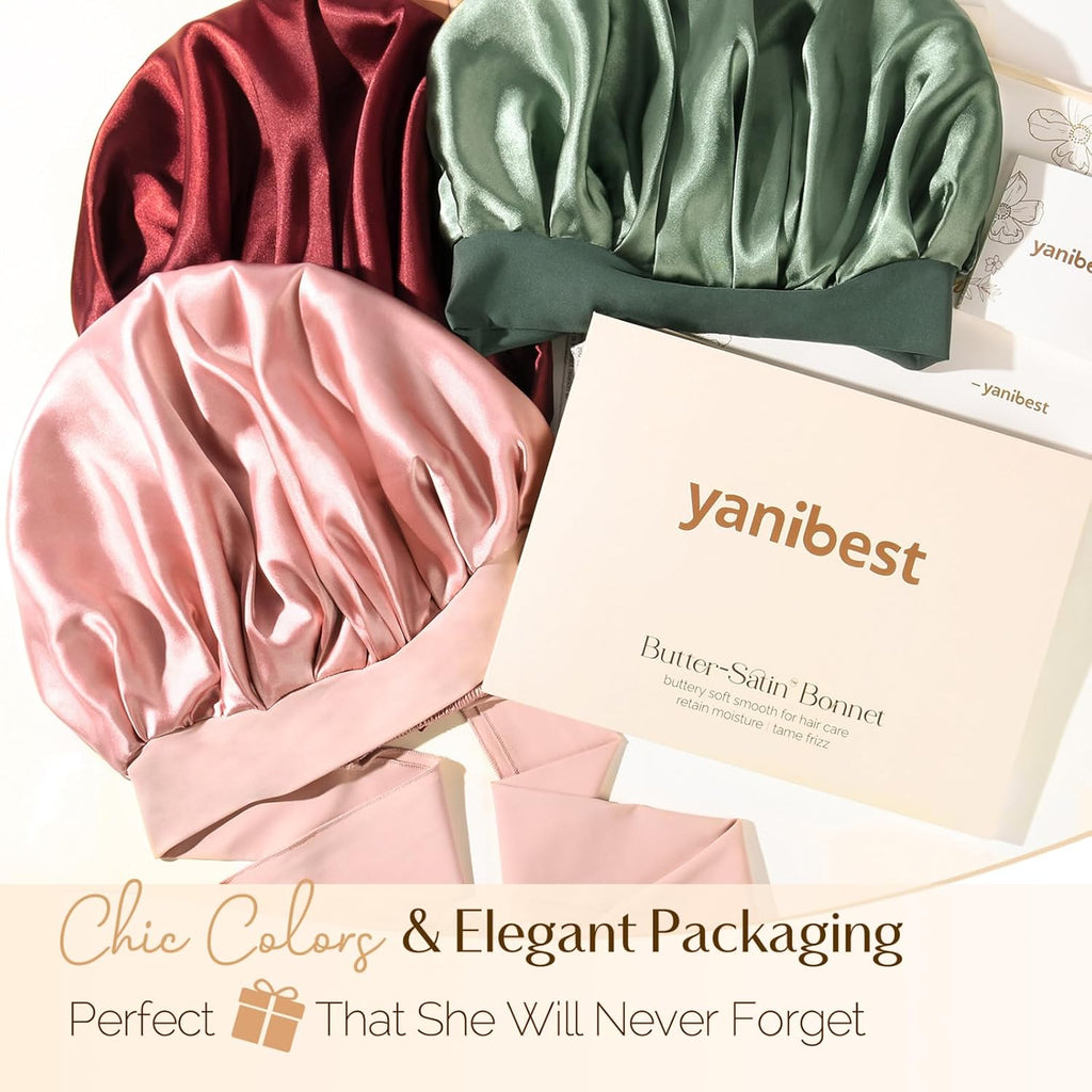 YANIBEST Adjustable Silk Bonnet for Sleeping Women Double Layer Satin Bonnet Reduce Friction Prevent Frizz Curly Hair