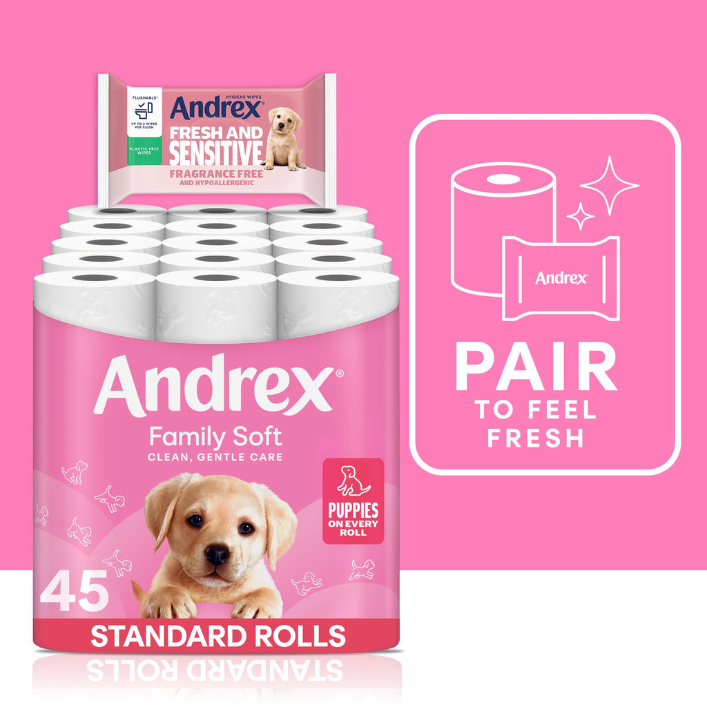 Andrex Family Soft Toilet Tissue 45 Rolls (Previously Andrex Gentle Clean) Gentle on your Family’s skin– Bulk Pack of 45 Toilet Rolls, FSC Certified