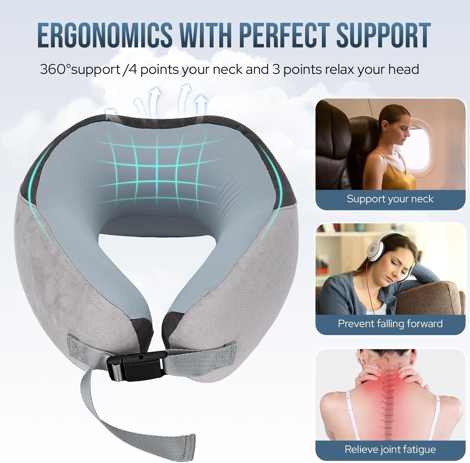 Travel Pillow for Airplane, Memory Foam Neck Pillow for Travel, Soft & Adjustable & Compact Ice Silk Flight Pillow for Adults, Ergonomic Travel Neck Pillow, with Storage Bag(Gray)
