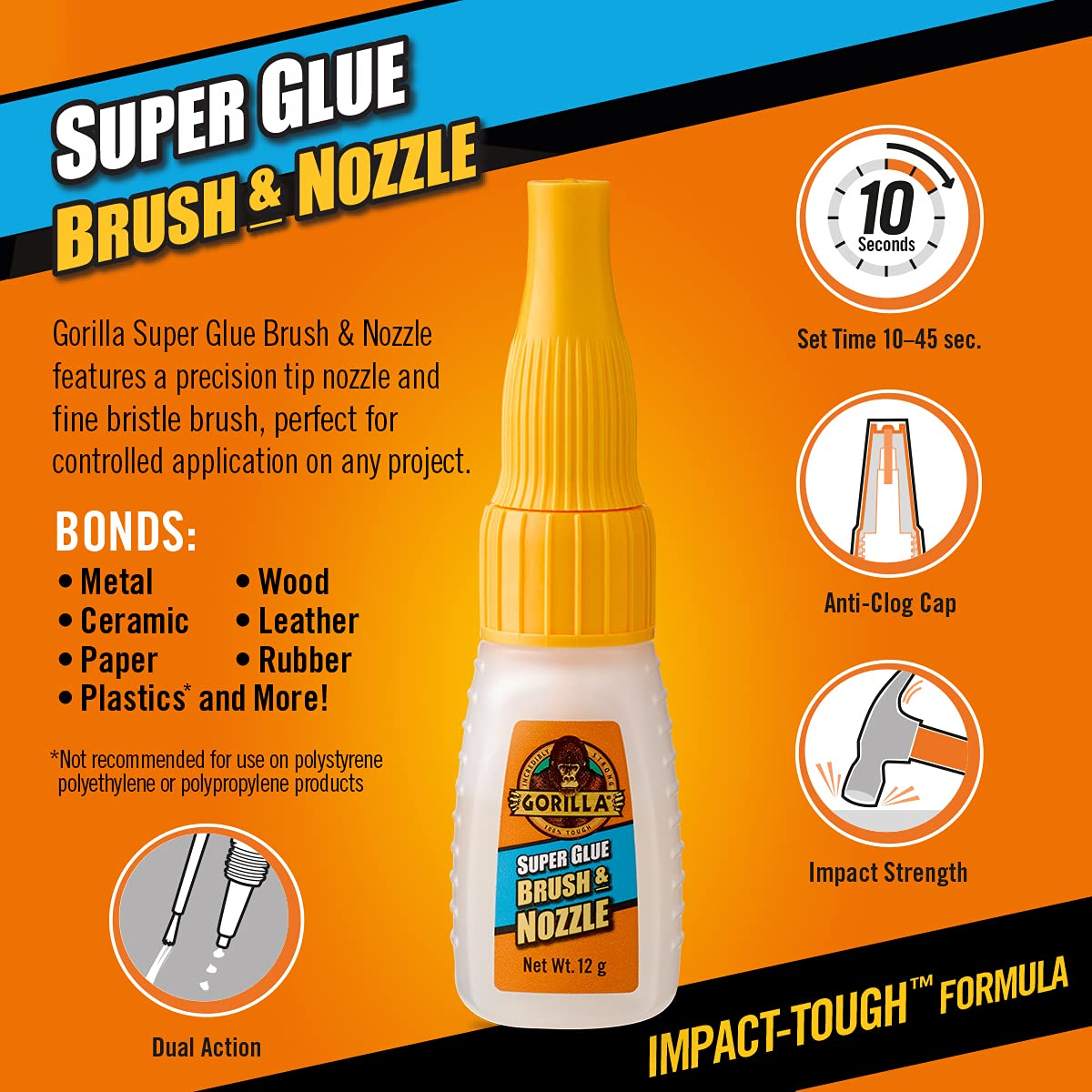 Gorilla Super Glue, 15g – All Purpose, Impact Tough & Fast Setting with Anti-Clog Cap Ideal for Metal, Ceramics, Leather & More