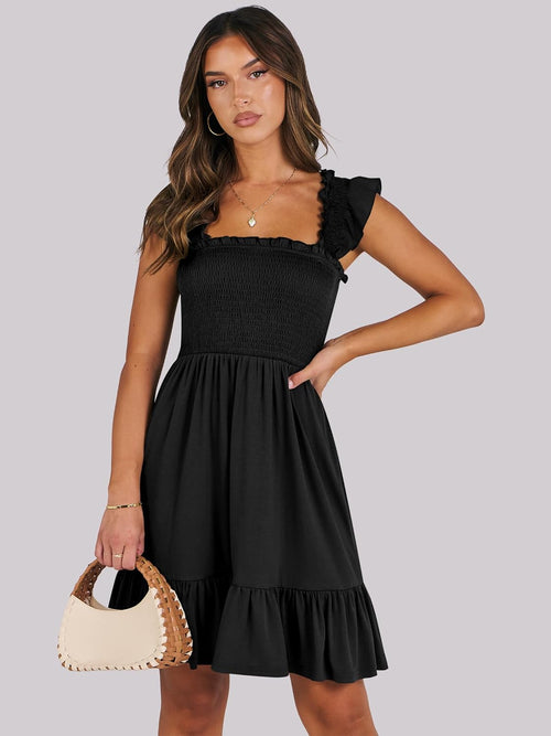 ANRABESS Women's Summer Casual Sleeveless Square Neck Dress 2026 Smocked Ruffle Backless Boho Beach Cute Teen Short Sundress