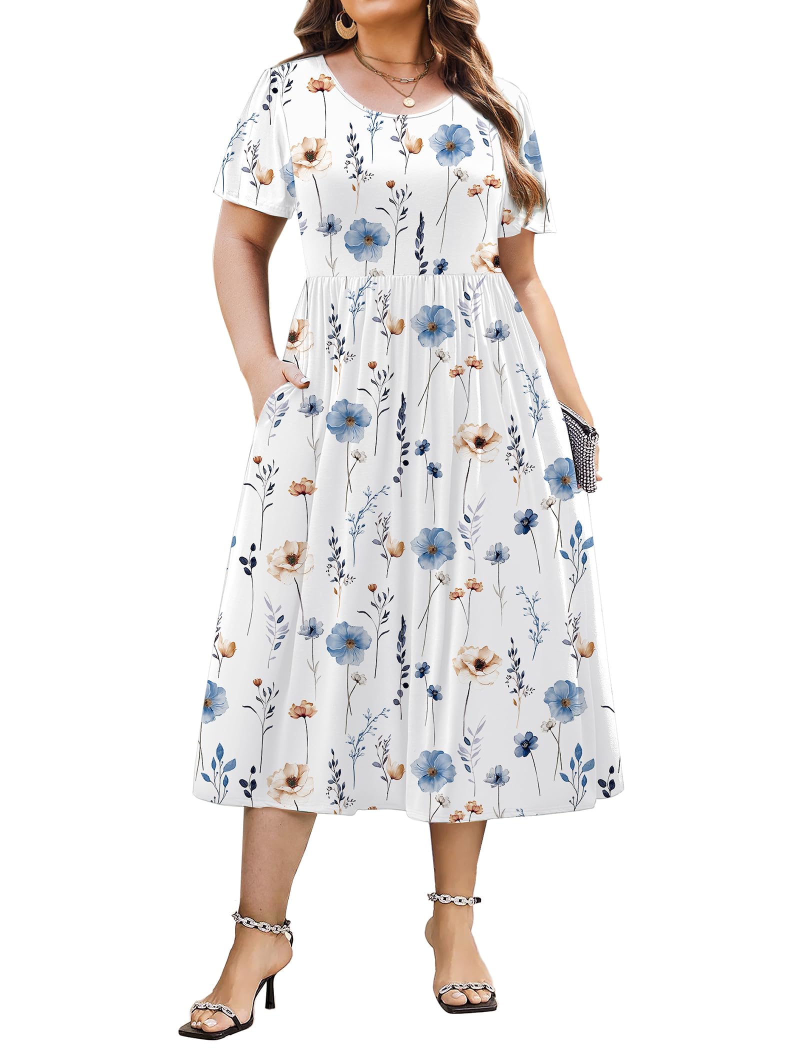 IN'VOLAND Women Plus Size Short Sleeve Dress Loose Summer Casual A-Line Flowy Midi Dresses with Pockets