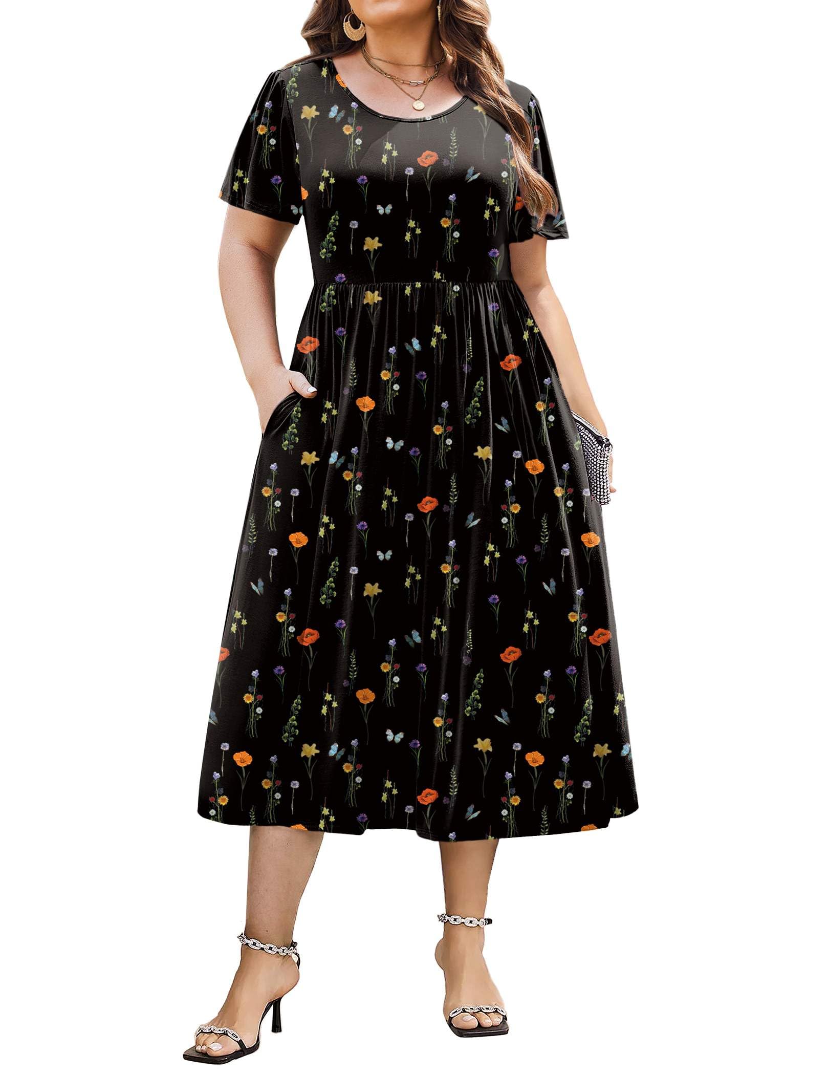 IN'VOLAND Women Plus Size Short Sleeve Dress Loose Summer Casual A-Line Flowy Midi Dresses with Pockets