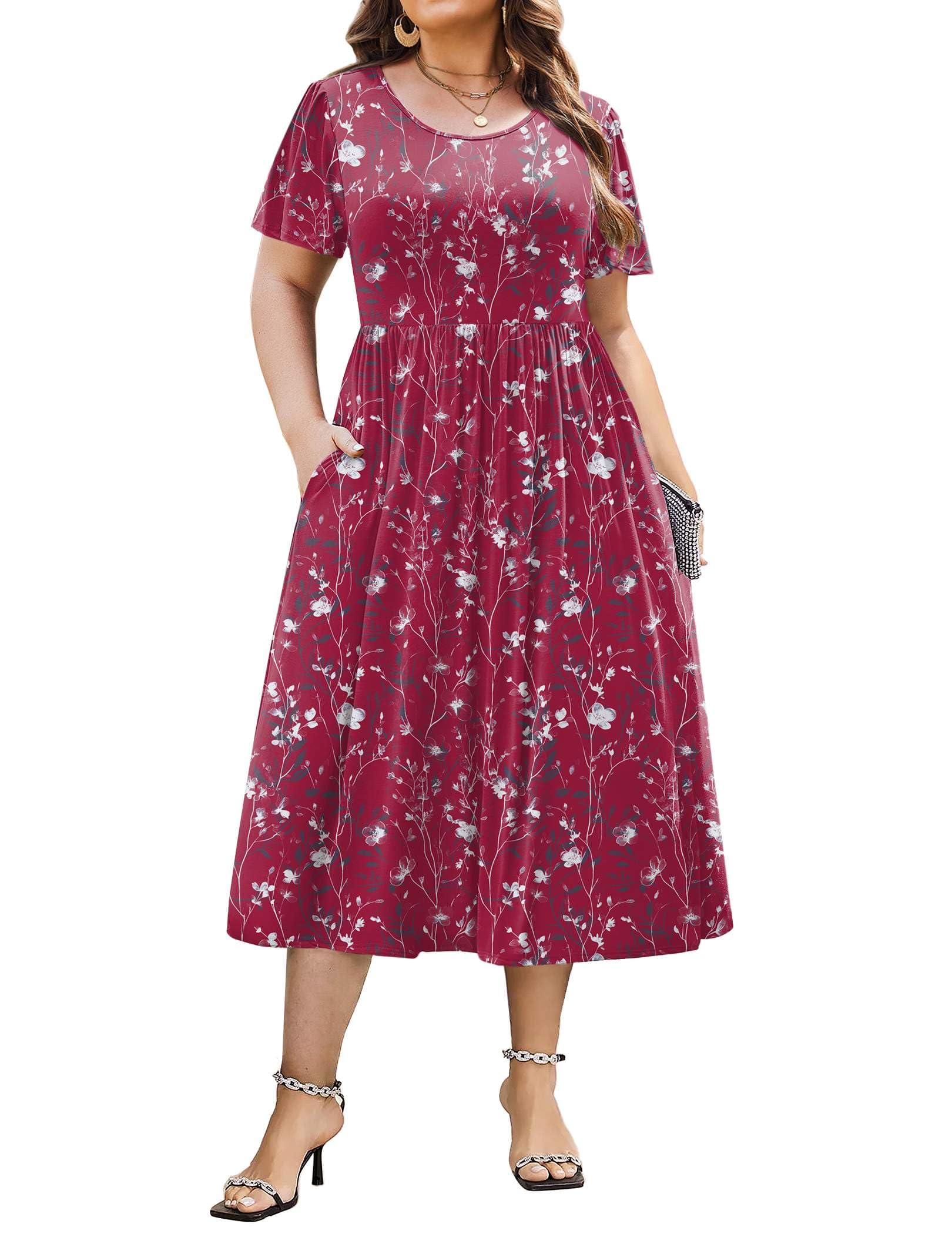 IN'VOLAND Women Plus Size Short Sleeve Dress Loose Summer Casual A-Line Flowy Midi Dresses with Pockets