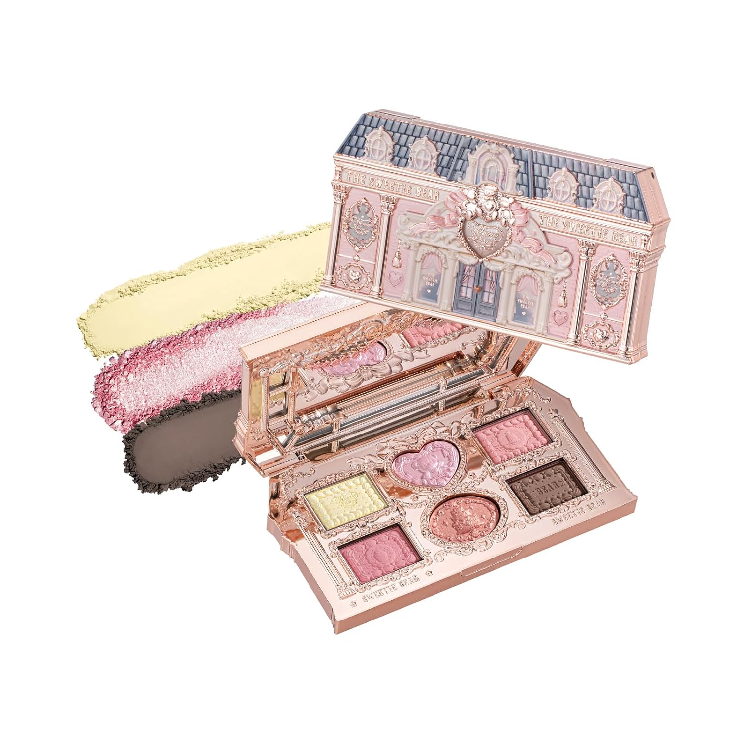 Flower Knows The Sweetie Bear Collection 6-Color Makeup Palette,Pink Face Makeup Palette with 4 Matte + 2 Shimmer Shades,Blendable Smooth Cute Make Up,0.23 Oz(02 Strawberry Milk)