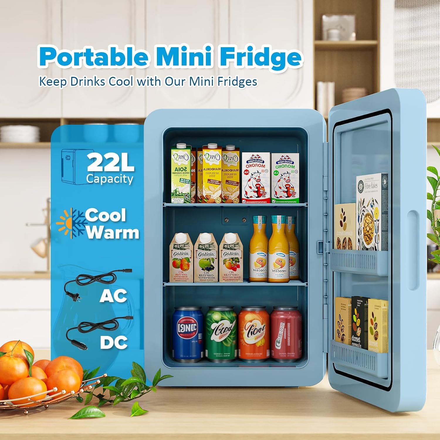 Mini Fridge 22L/30 Cans Portable Cooler & Warmer Mini Fridge for Bedrooms with Adjustable Shelves, AC+12V DC Small Fridges for Office, Car, Travel,Home, Skincare, Drinks & Cosmetics (Black)