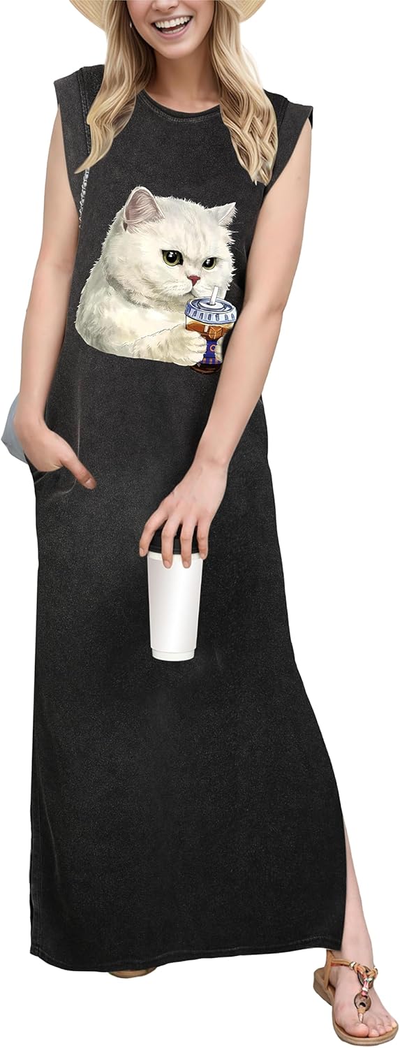 GRECERELLE 2026 Women Year-Round Casual Round Neck Loose Split Wrinkle-Free Long Maxi Vacation Dress with Pockets (XXS-4XL)