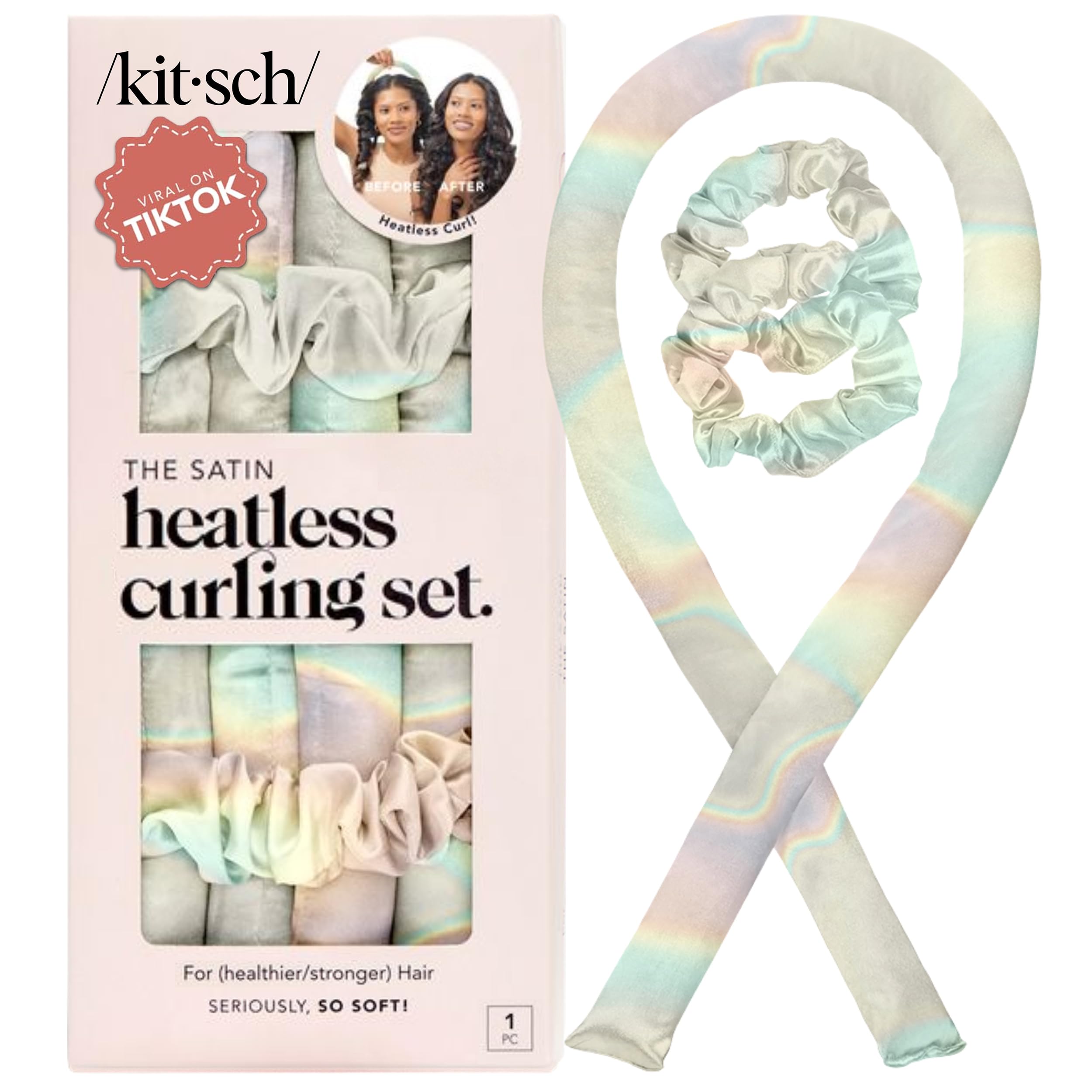 Kitsch Satin Heatless Curlers Set – Heatless Curls Overnight with 34" Hair Curler & 2 Satin Scrunchies – Comfortable Hair Curlers to Sleep In for Frizz-Free, No Heat Damage Styling - Sunset Tie Dye
