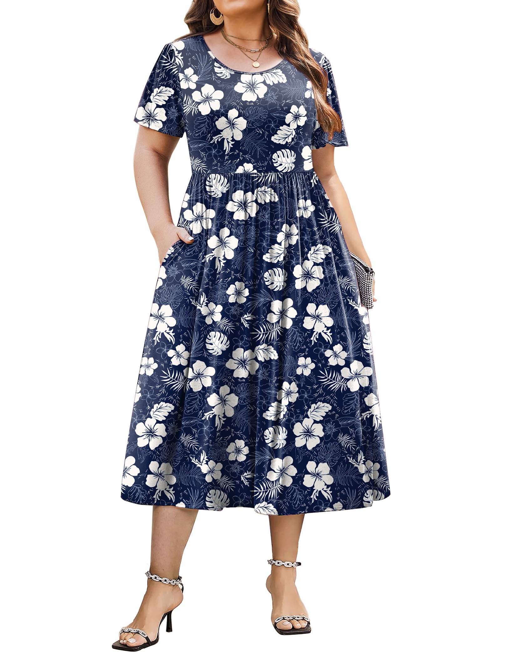IN'VOLAND Women Plus Size Short Sleeve Dress Loose Summer Casual A-Line Flowy Midi Dresses with Pockets