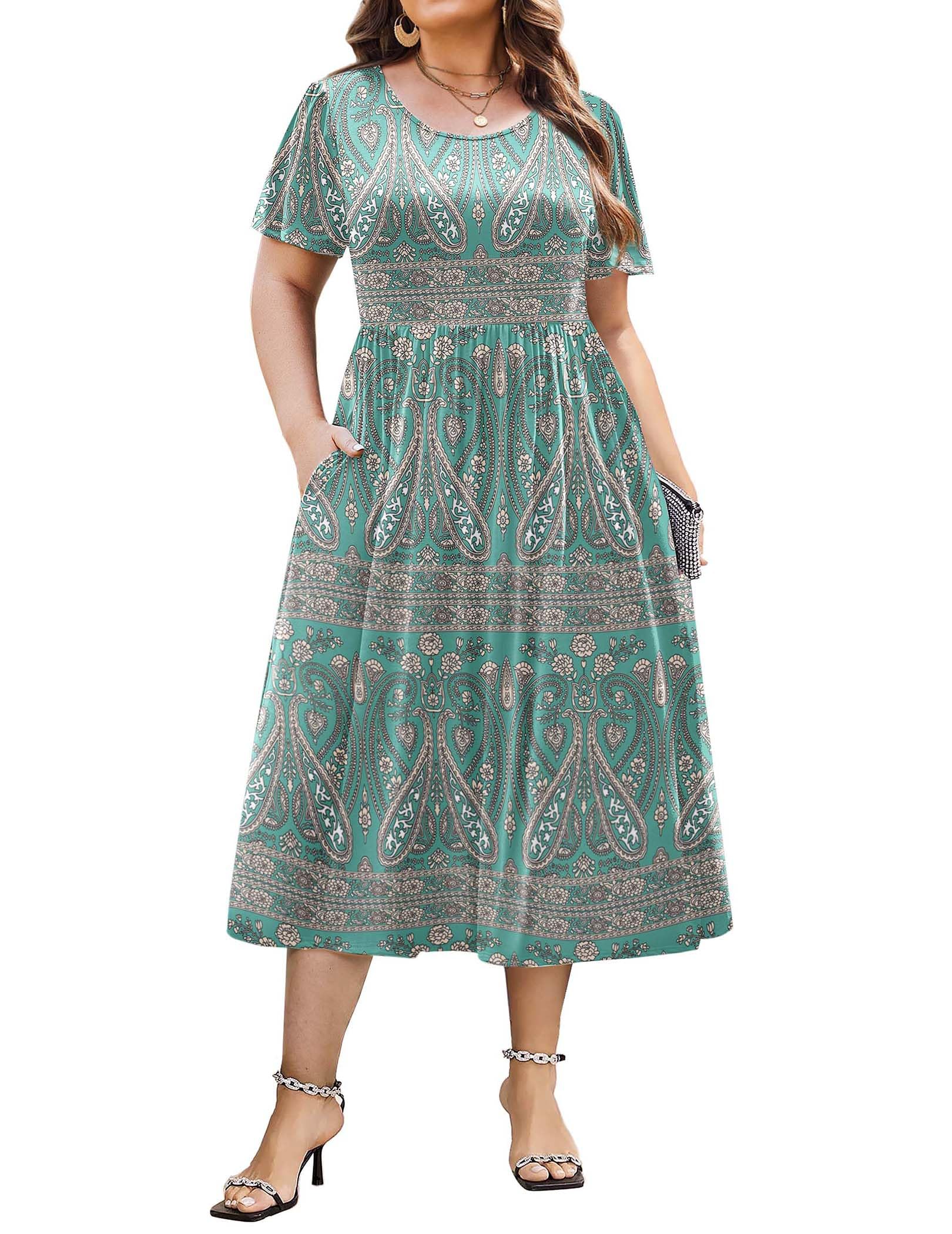 IN'VOLAND Women Plus Size Short Sleeve Dress Loose Summer Casual A-Line Flowy Midi Dresses with Pockets