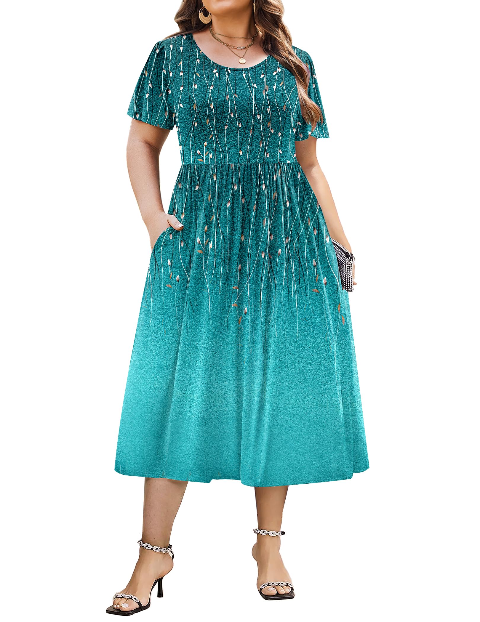 IN'VOLAND Women Plus Size Short Sleeve Dress Loose Summer Casual A-Line Flowy Midi Dresses with Pockets