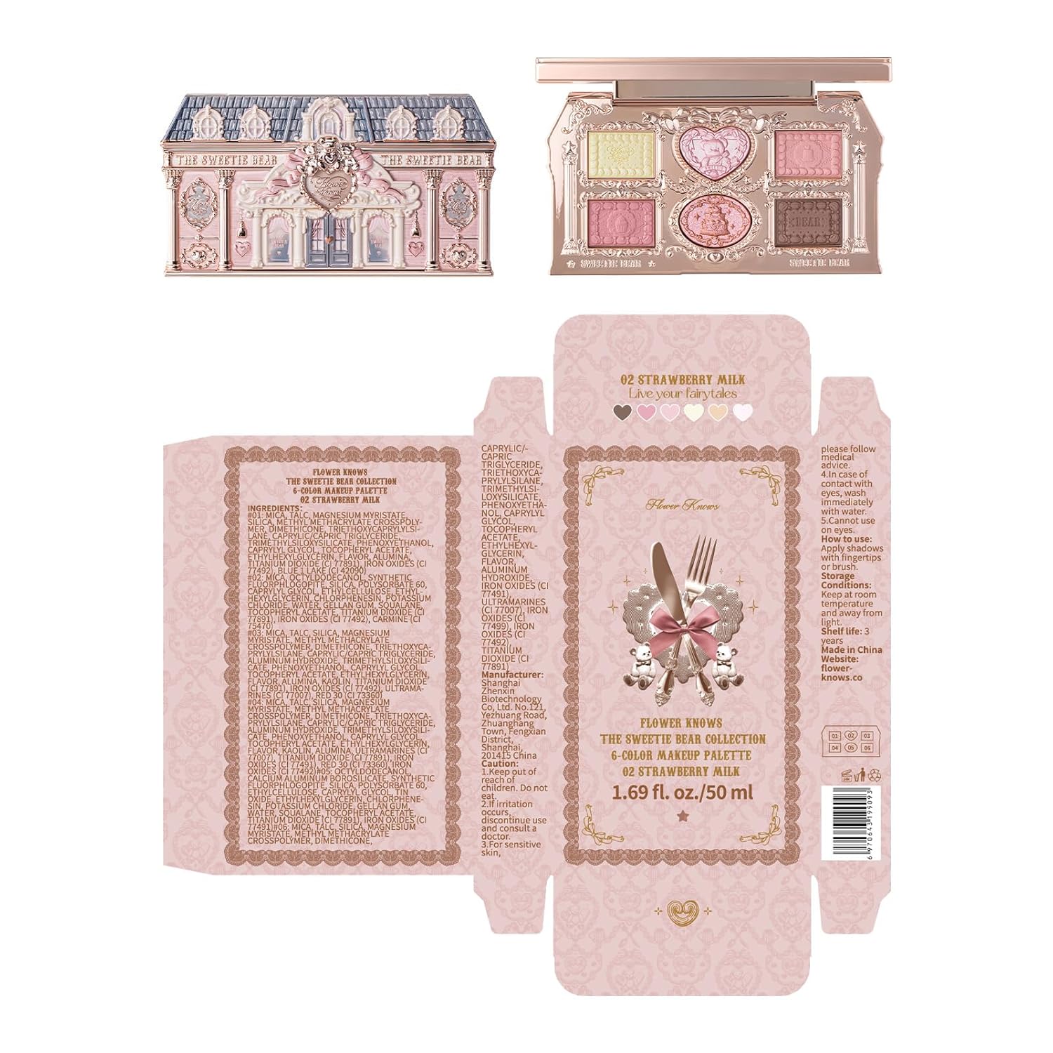 Flower Knows The Sweetie Bear Collection 6-Color Makeup Palette,Pink Face Makeup Palette with 4 Matte + 2 Shimmer Shades,Blendable Smooth Cute Make Up,0.23 Oz(02 Strawberry Milk)