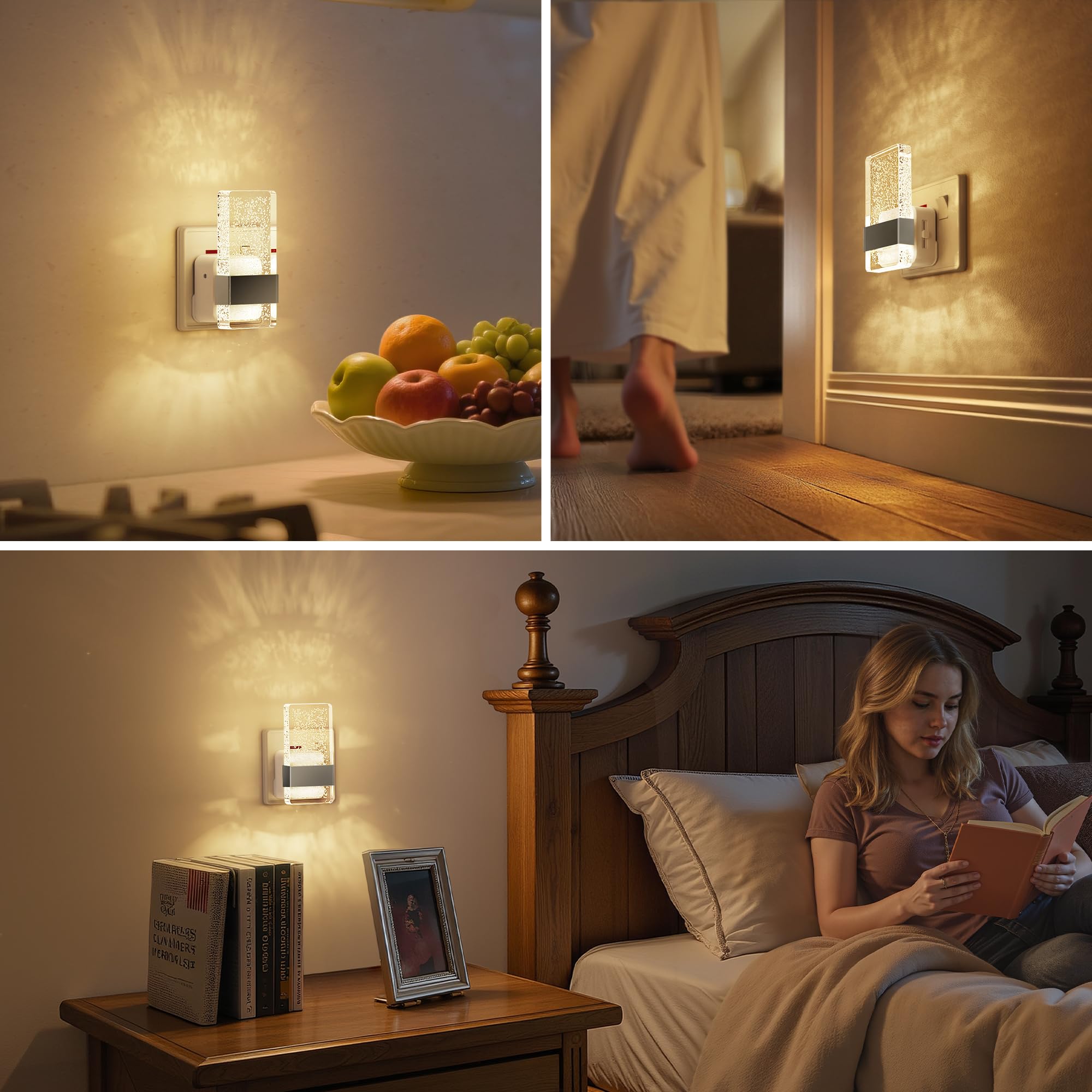 LOHAS-LED Night Light, Plug in Night Light with Dusk-to-Dawn Sensor, 10%/50%/100% LM Dimmable, Amber/ 3000K/5000K, Modern Nightlight Plug in Wall for Hallway, Bathroom, Stairway, 2 Pack